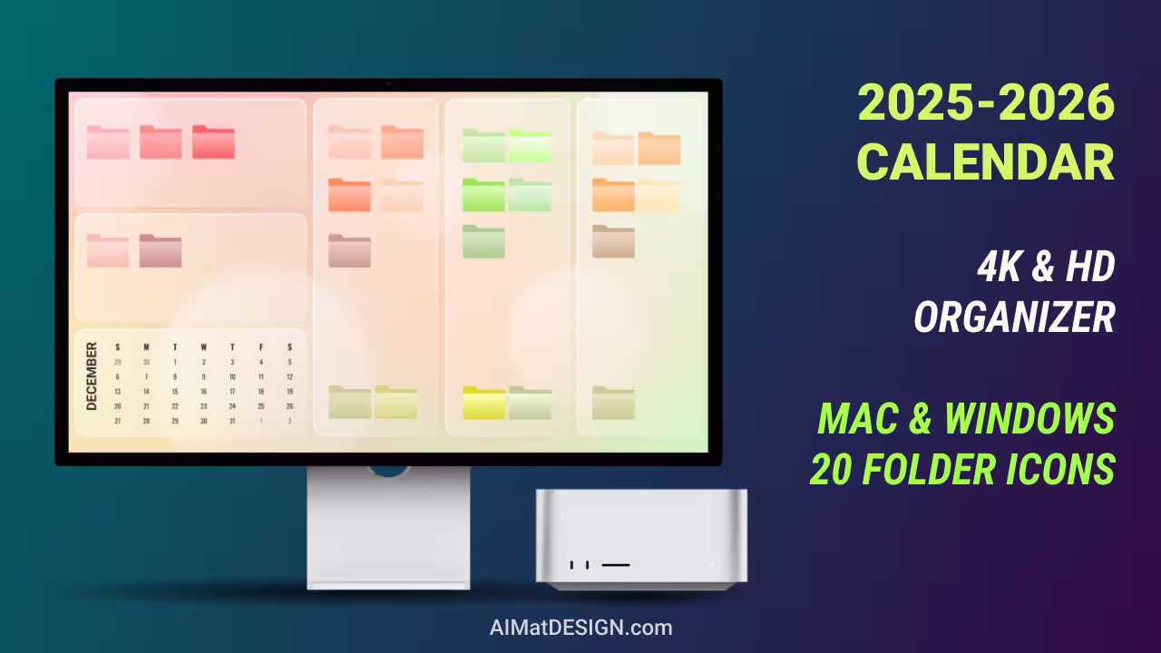 Preppy Aura Desktop Organizer Wallpaper with 2025-2026 calendar and folder icons in colorful summer theme.