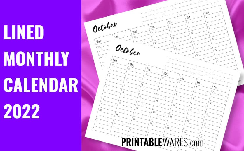 Landscape Printable Monthly Calendar Planner Lined 2022 Landscape Printable Monthly Calendar Planner Lined 2022