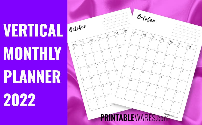 Vertical Monthly Planner Printable with Notes for 2022 Vertical Monthly Planner Printable with Notes for 2022